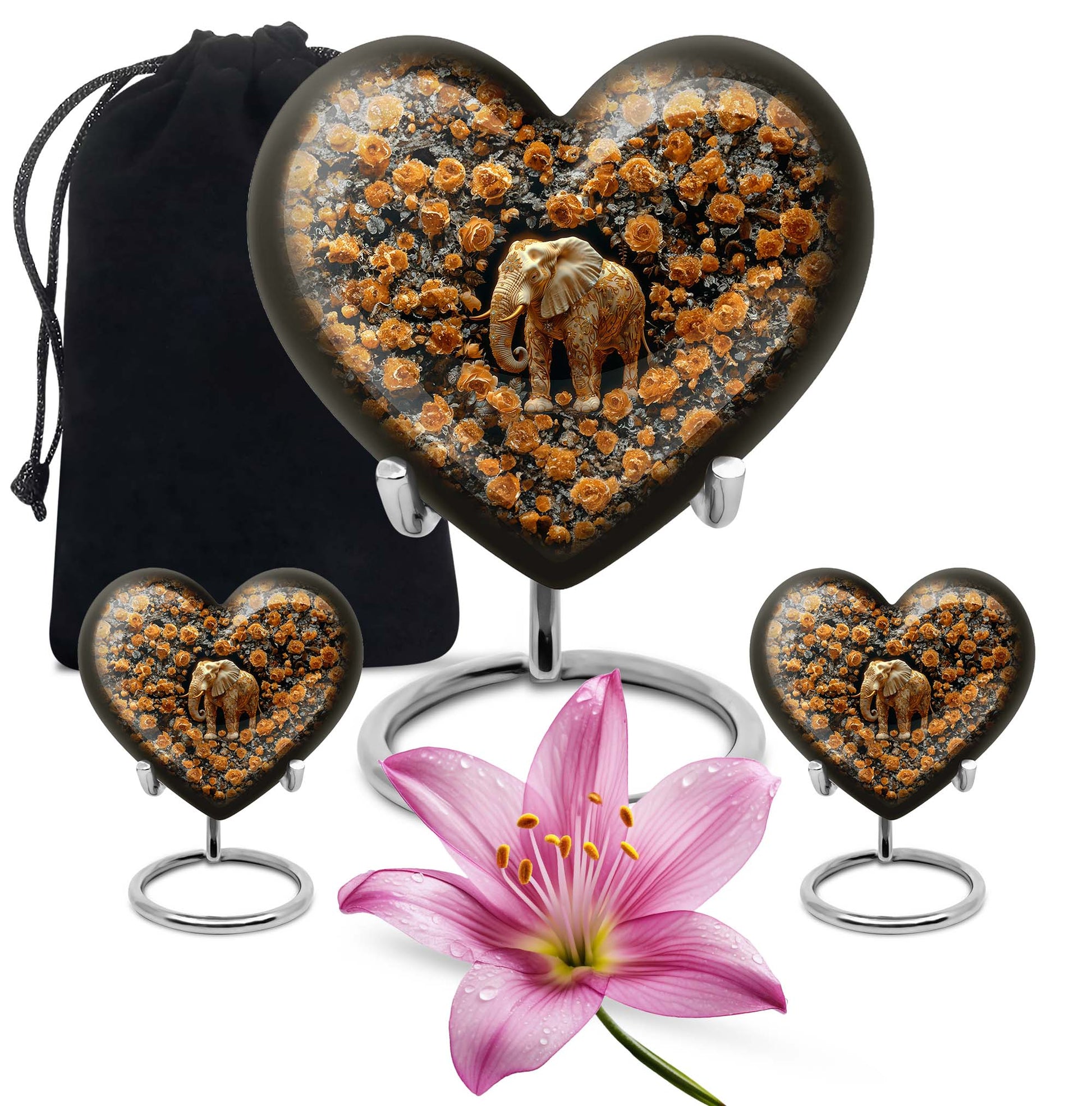 10-inch heart-shaped elephant urn with floral design for adult ashes