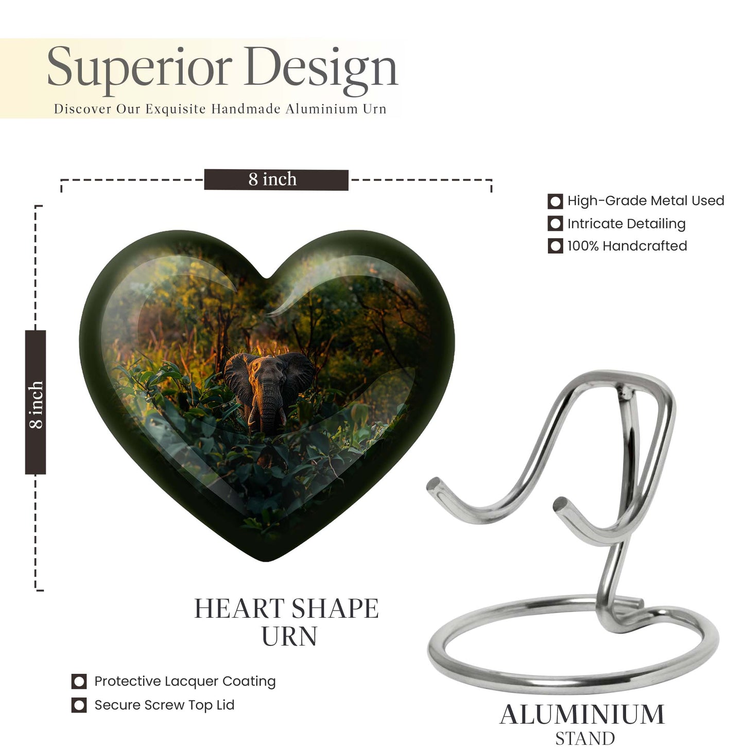 10-inch Heart Urn design elephant urn adorned with flowers, 