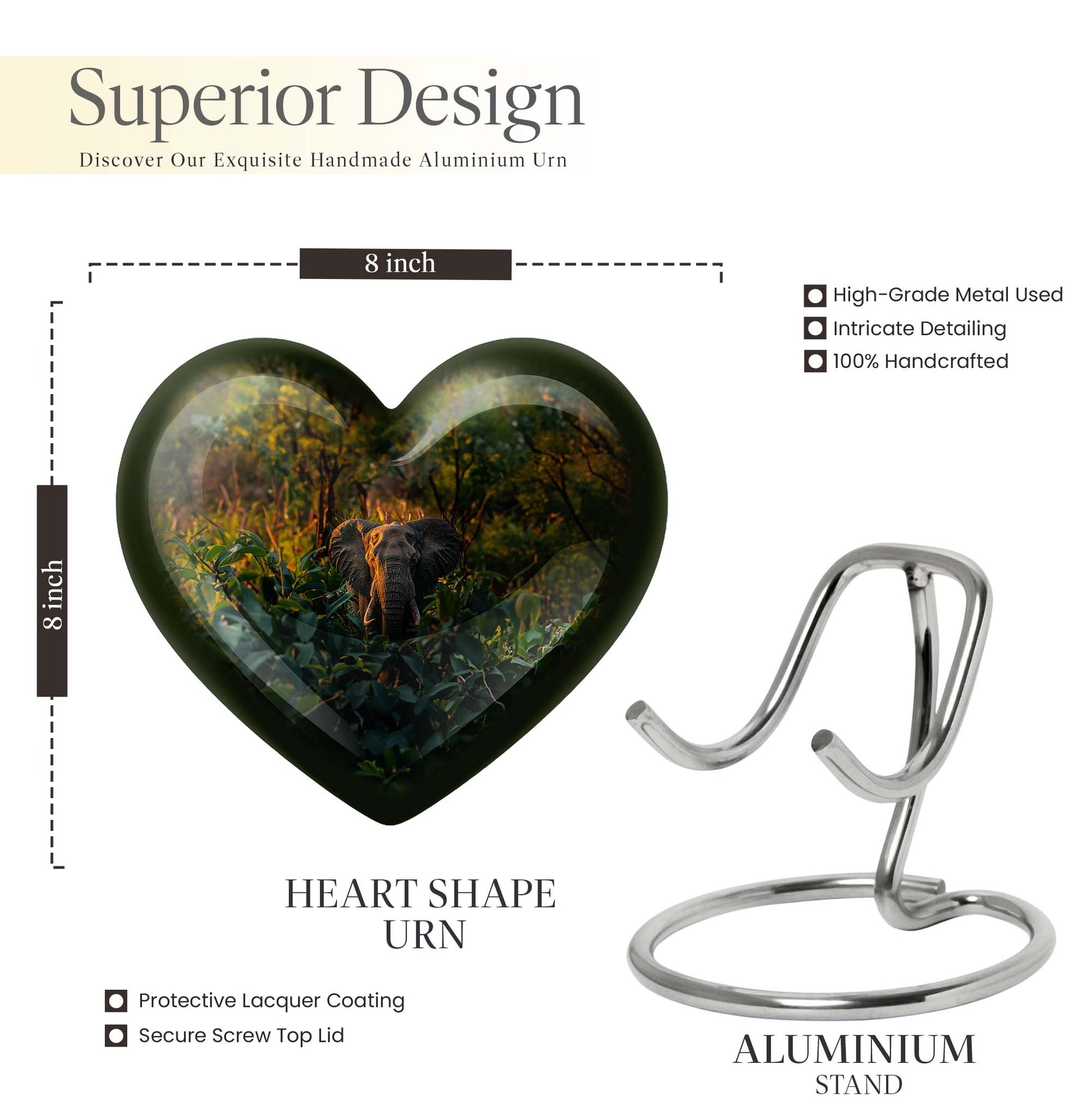 10-inch Heart Urn design elephant urn adorned with flowers, 