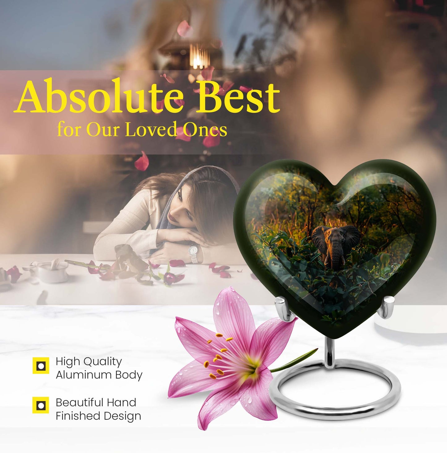 10-inch Heart Urn design elephant urn adorned with flowers, 