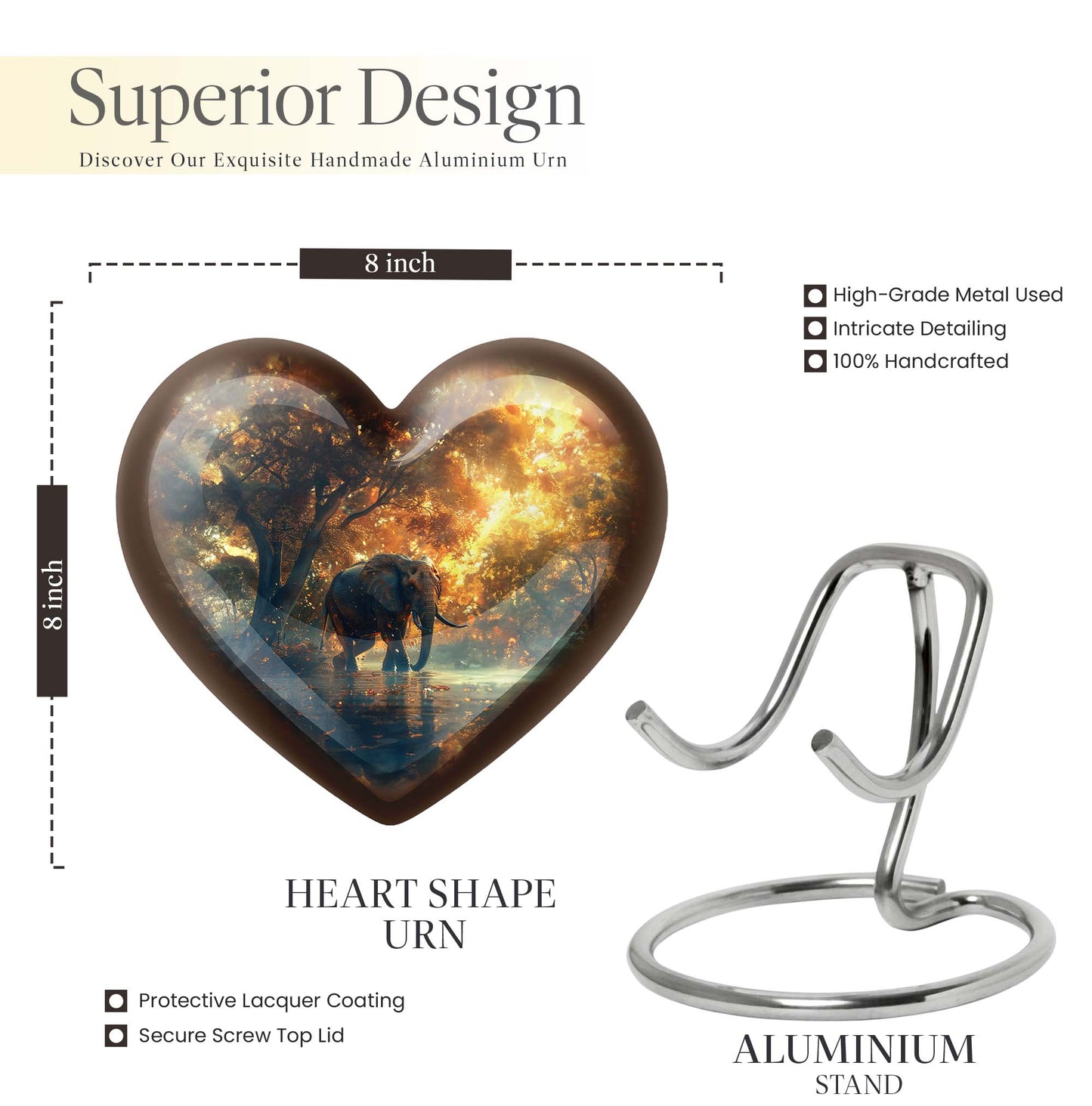 10-inch Heart Urn themed with butterfly, large elephant urn for men ashes