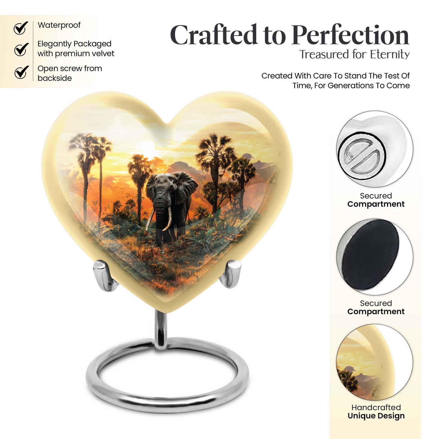 10-inch heart-shaped elephant urn with butterfly theme for male cremation