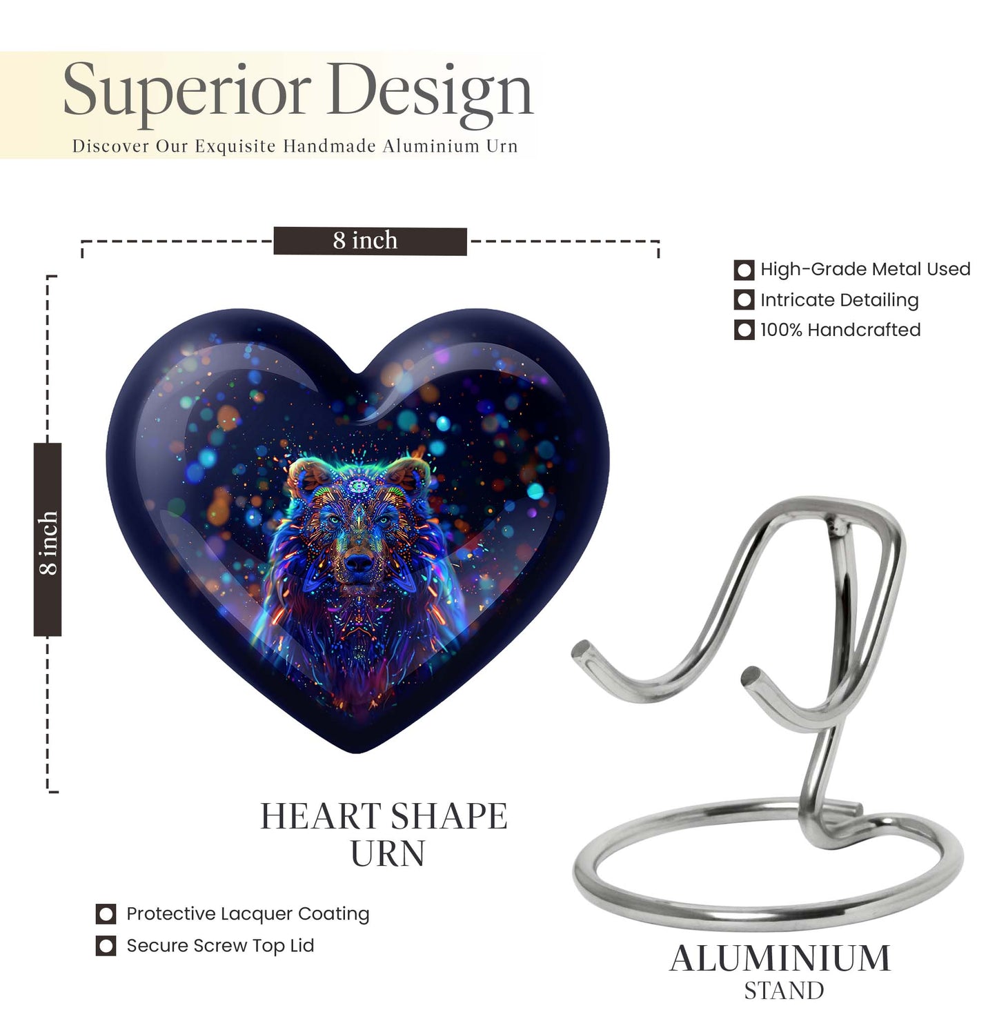 10-inch heart-shaped bear urn with butterfly theme, 