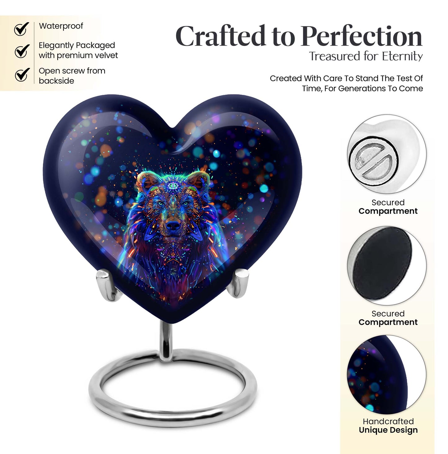 10-inch heart-shaped bear urn with butterfly theme, 