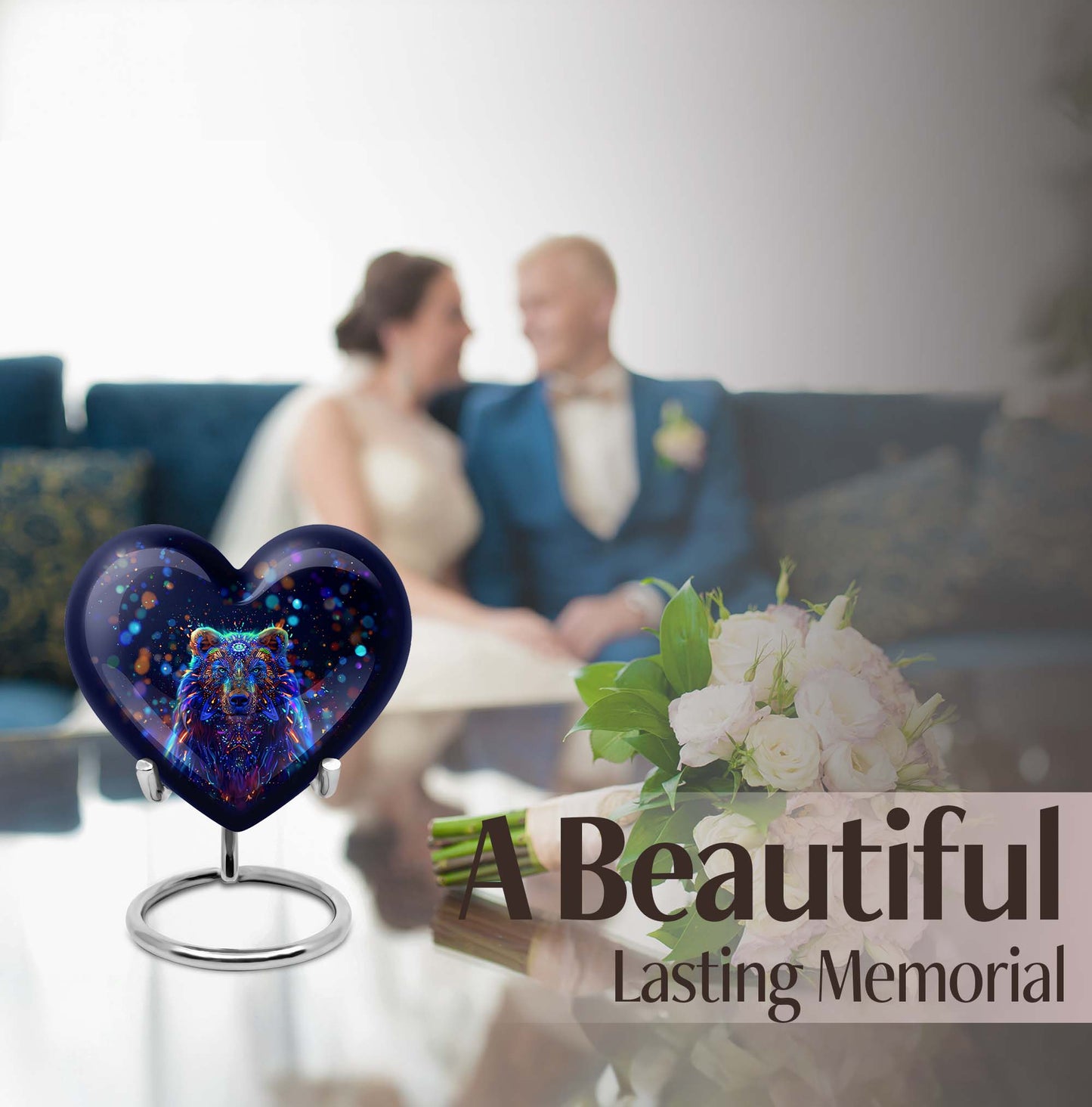10-inch heart-shaped bear urn with butterfly theme, 