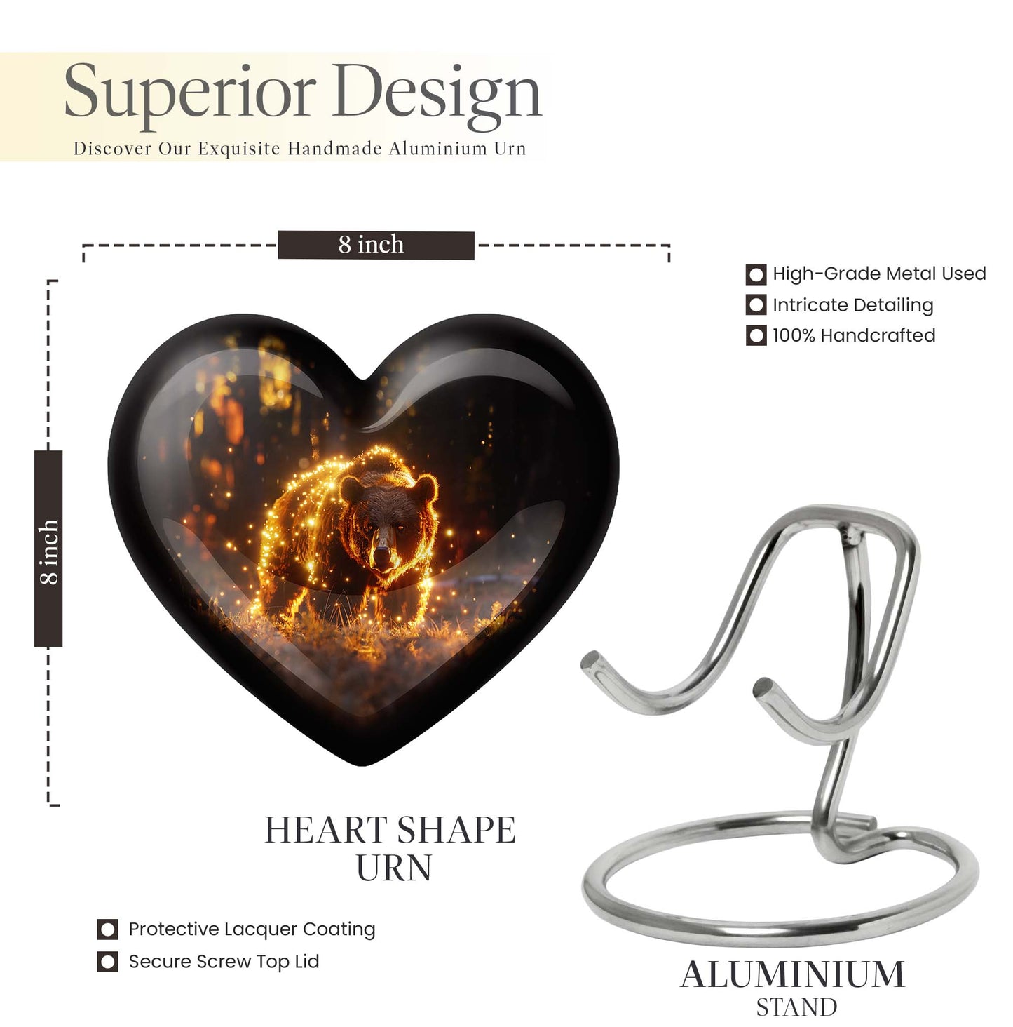 10-inch butterfly-themed heart-shaped bear urn, crafted from aluminium for memorial ashes
