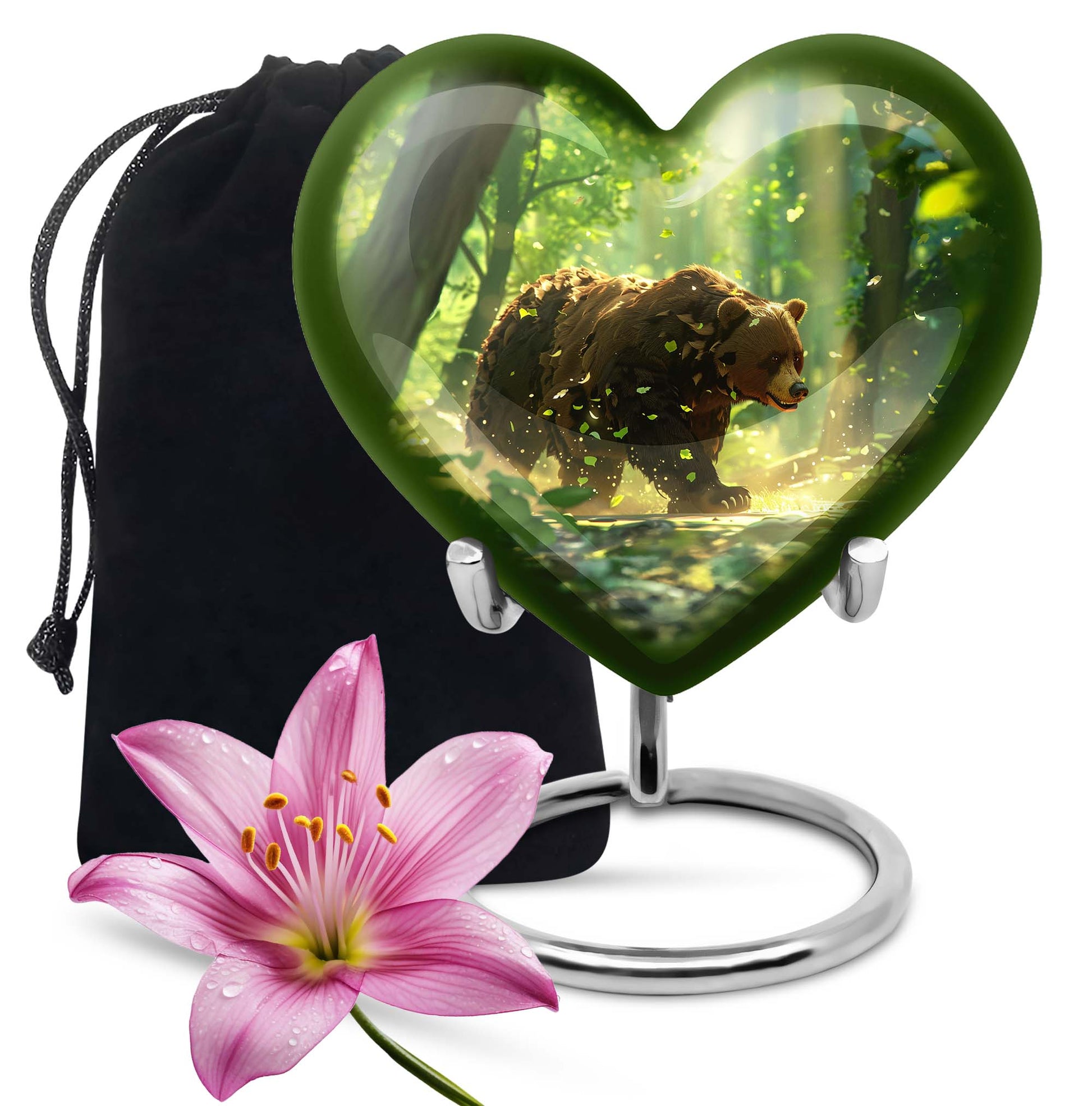 10-inch heart-shaped bear urn with butterfly theme, made of aluminium and customization option