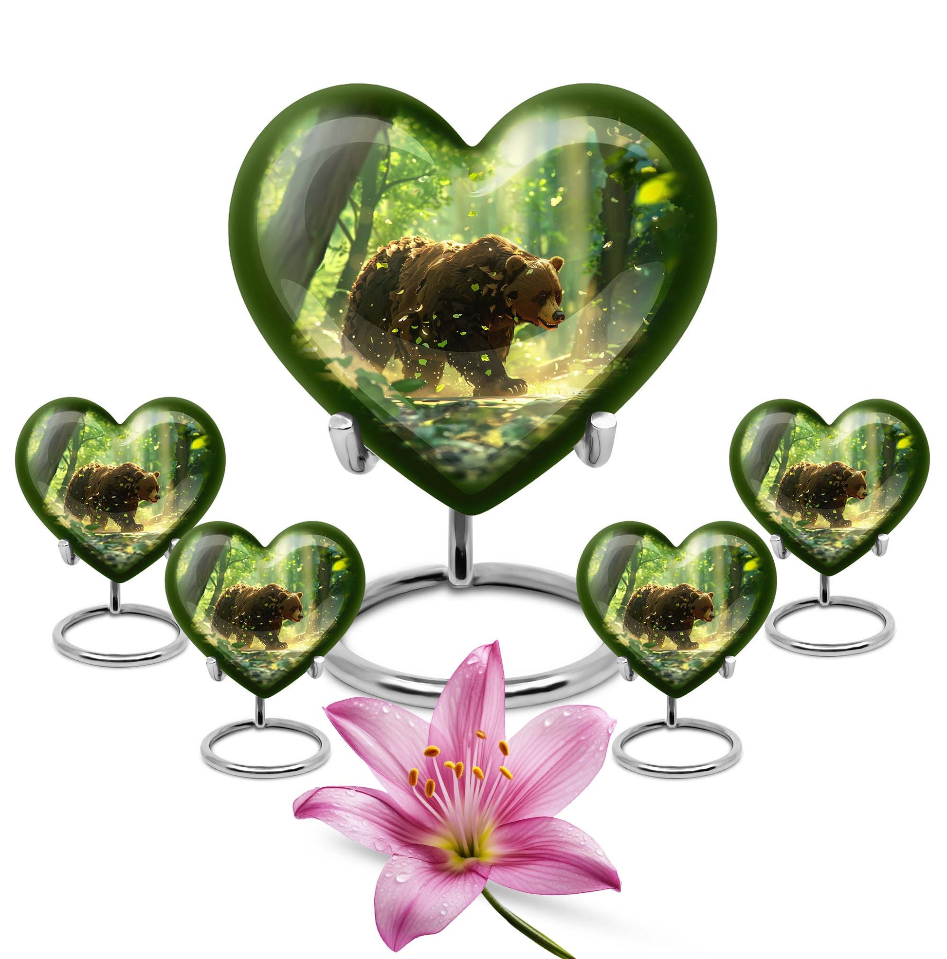 10-inch heart-shaped bear urn with butterfly theme, made of aluminium and customization option