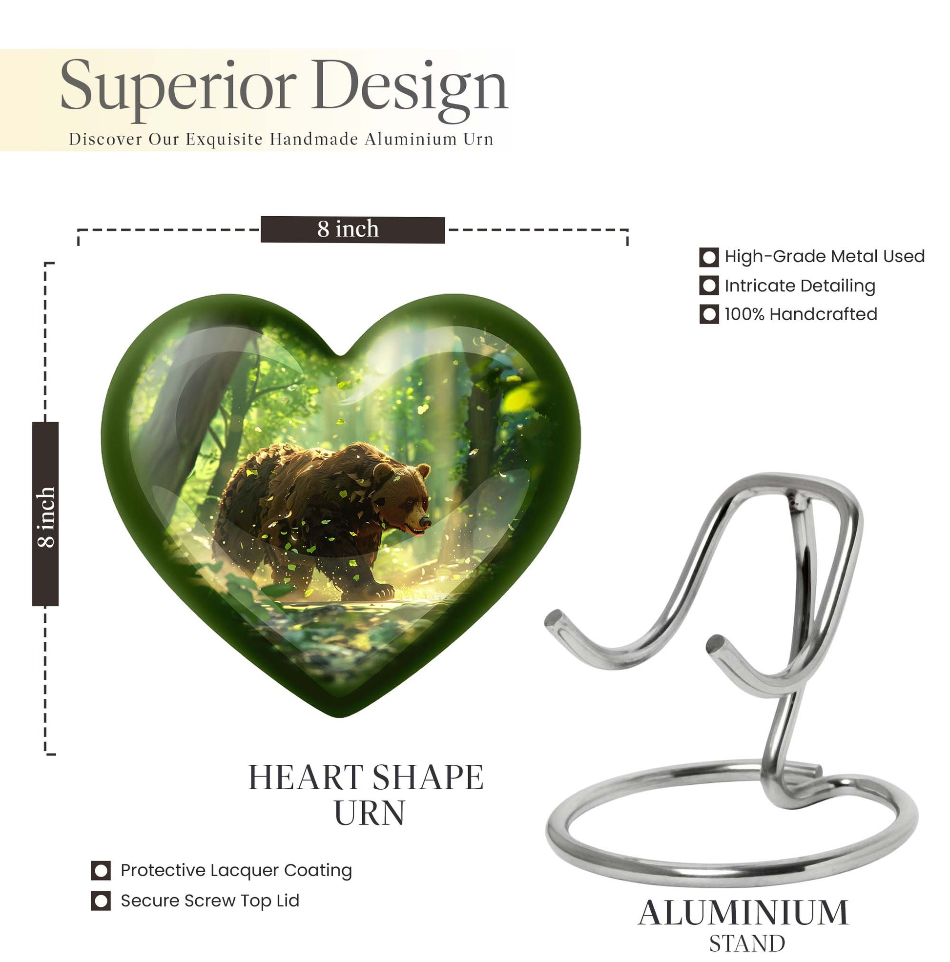 10-inch heart-shaped bear urn with butterfly theme, made of aluminium and customization option
