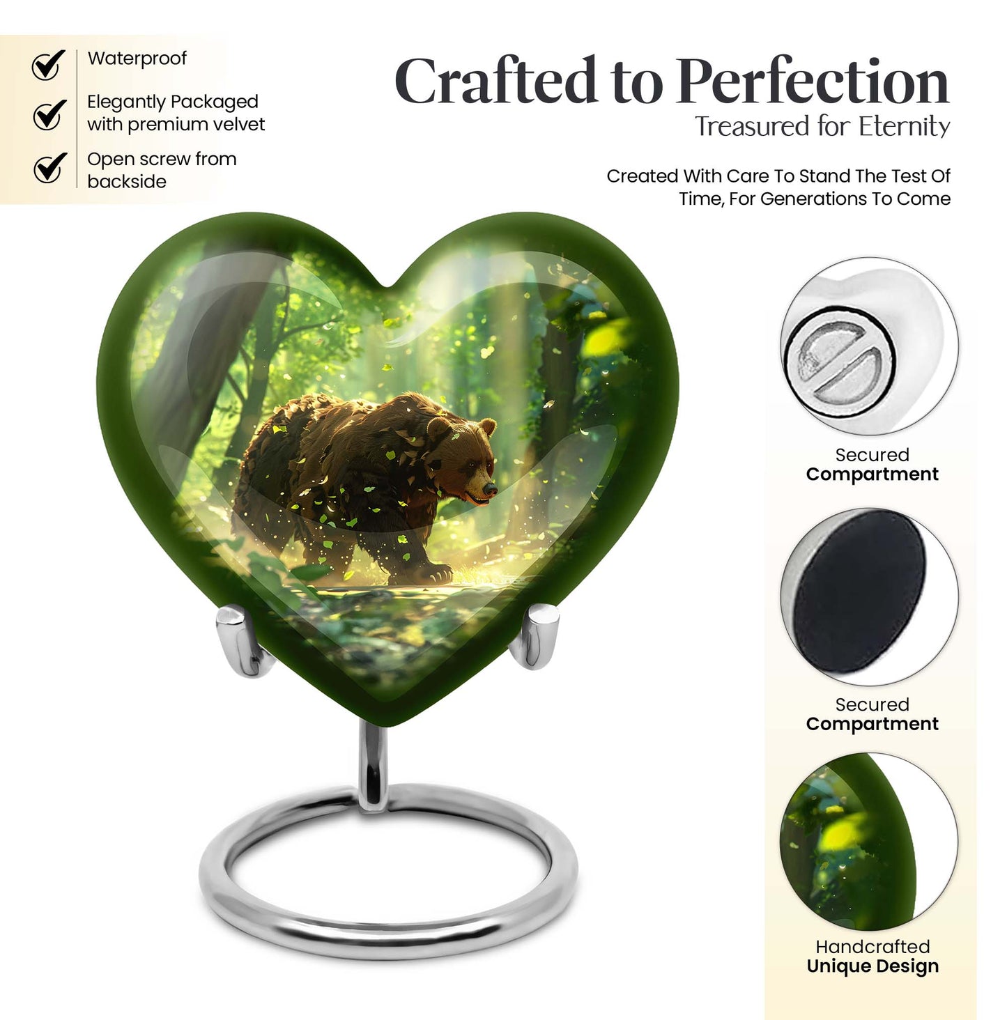 10-inch heart-shaped bear urn with butterfly theme, made of aluminium and customization option