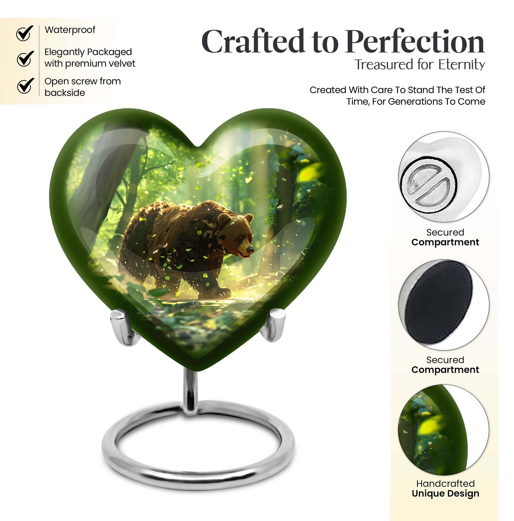 10-inch heart-shaped bear urn with butterfly theme, made of aluminium and customization option