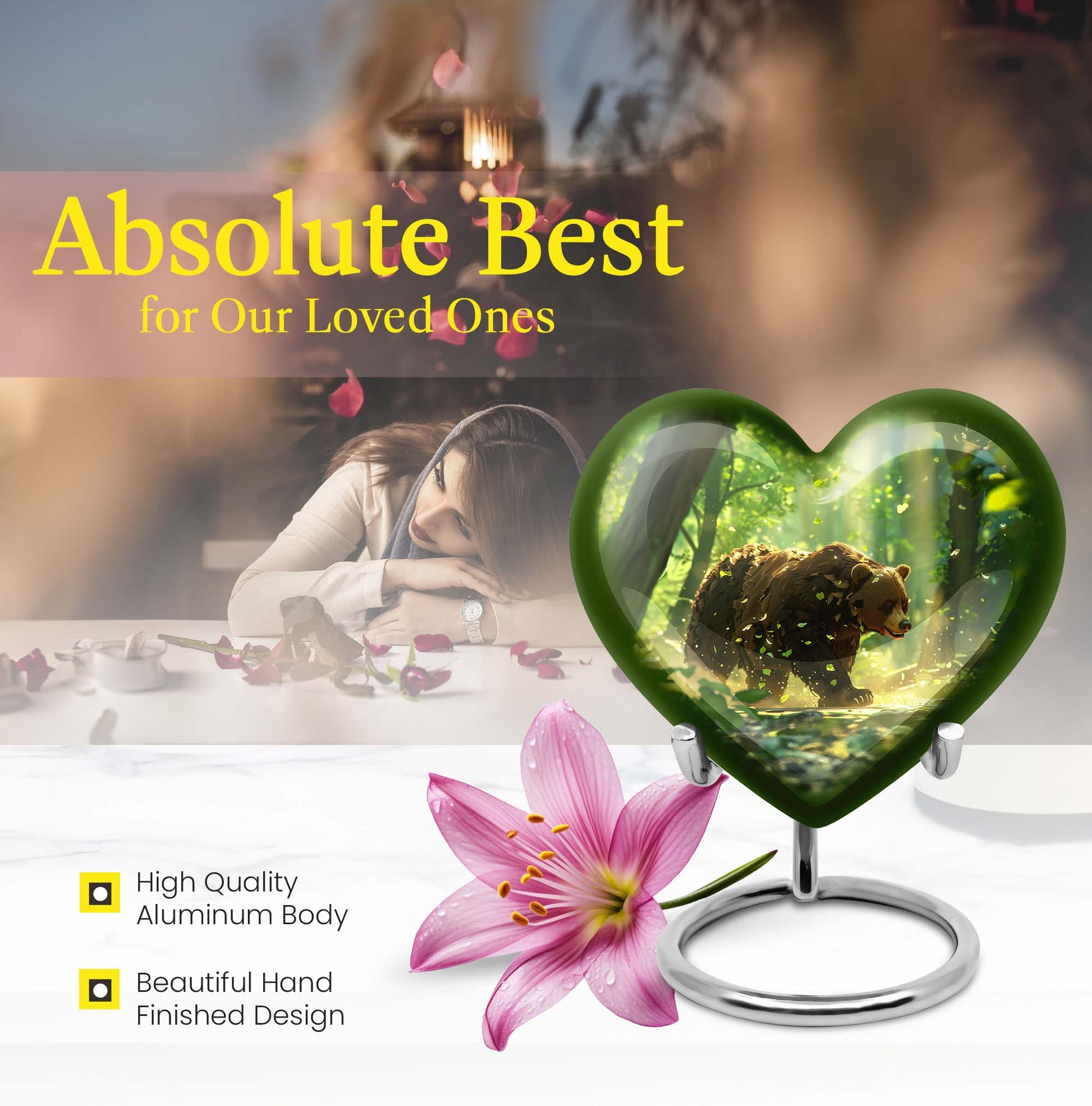 10-inch heart-shaped bear urn with butterfly theme, made of aluminium and customization option