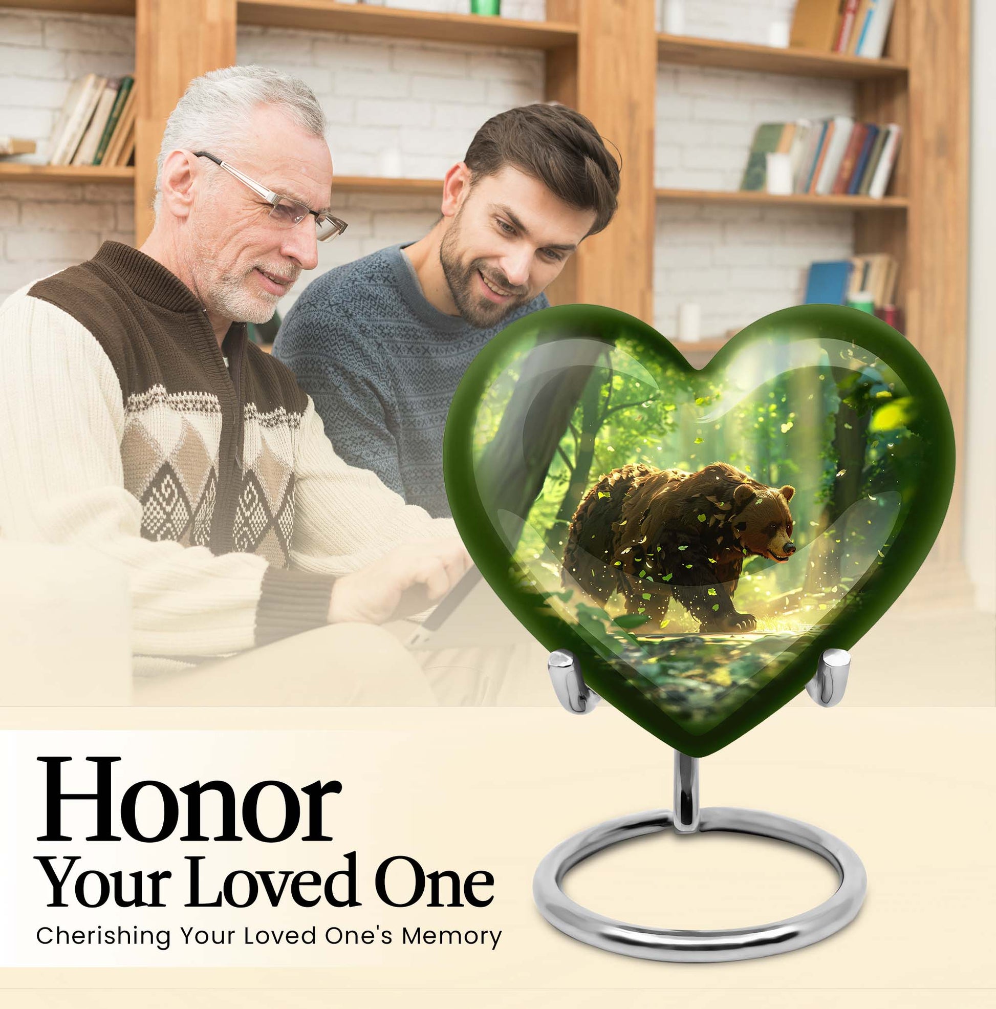 10-inch heart-shaped bear urn with butterfly theme, made of aluminium and customization option