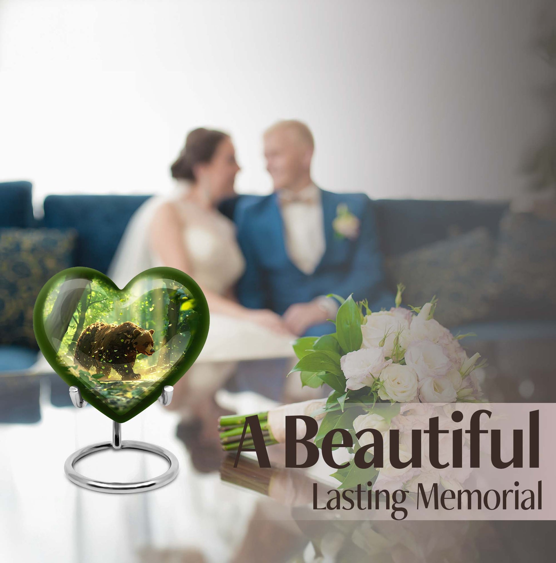 10-inch heart-shaped bear urn with butterfly theme, made of aluminium and customization option