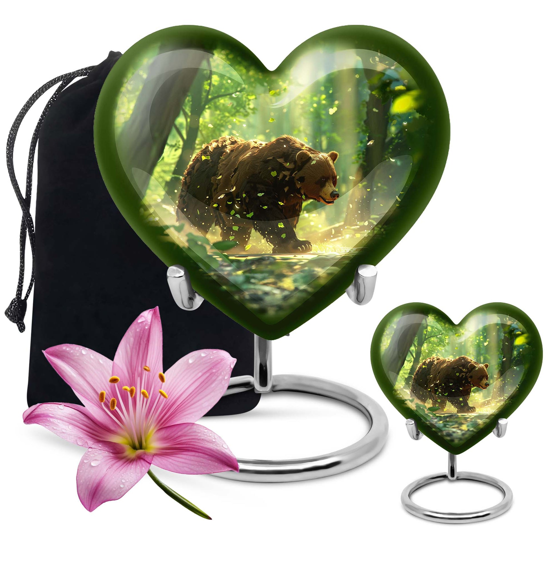 10-inch heart-shaped bear urn with butterfly theme, made of aluminium and customization option