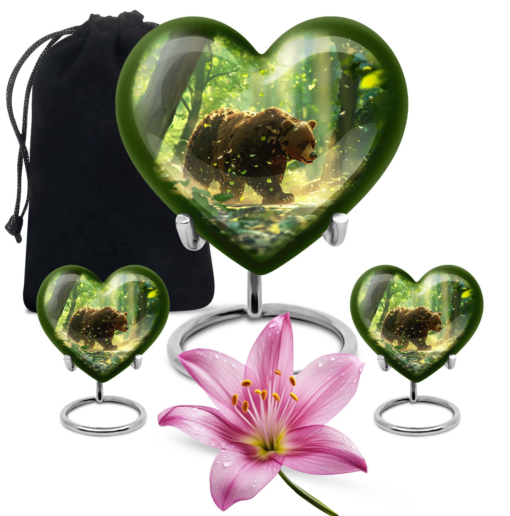 10-inch heart-shaped bear urn with butterfly theme, made of aluminium and customization option