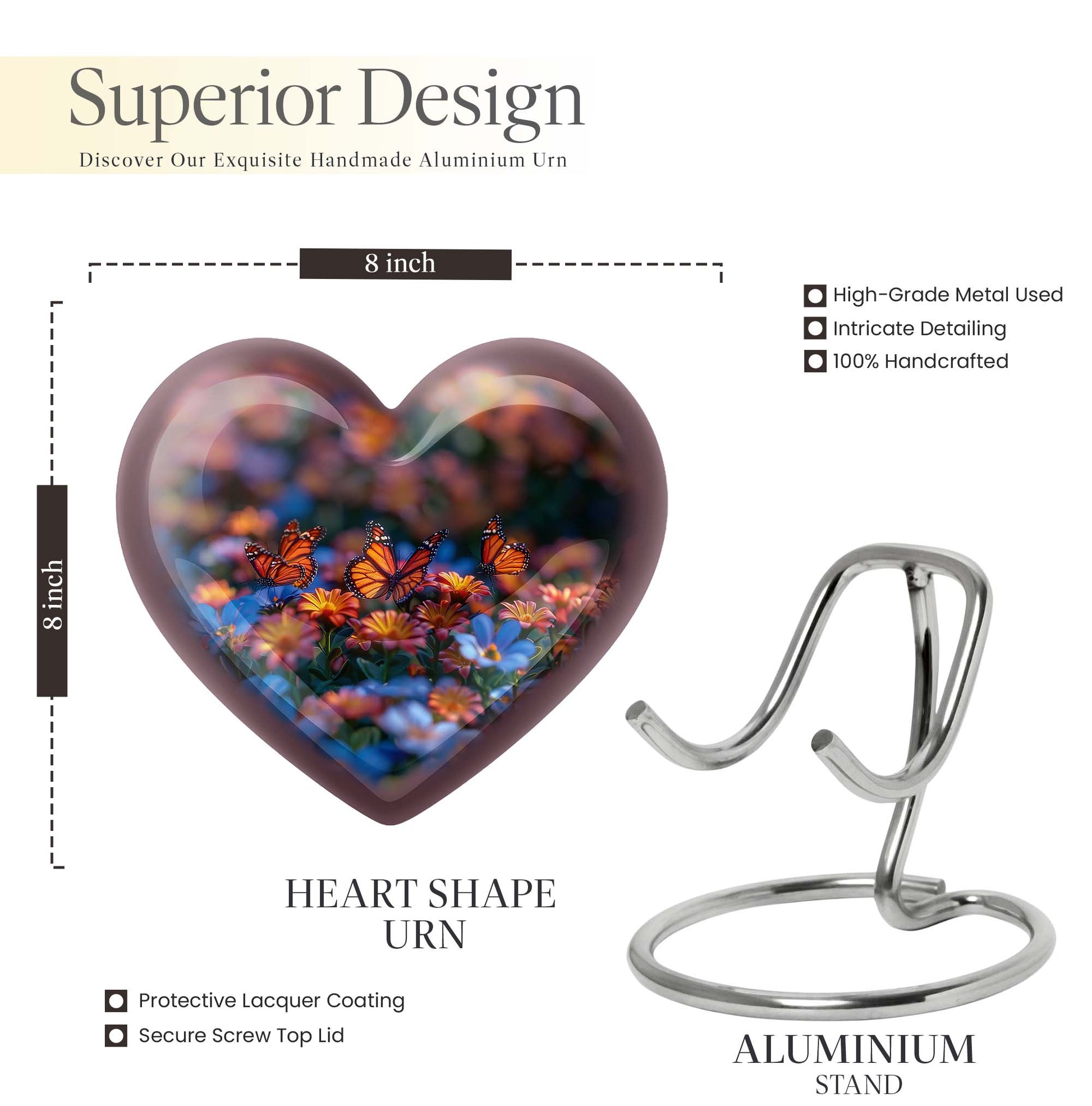 10-inch butterfly heart urn, memorial urn for ashes, personalized with engraving