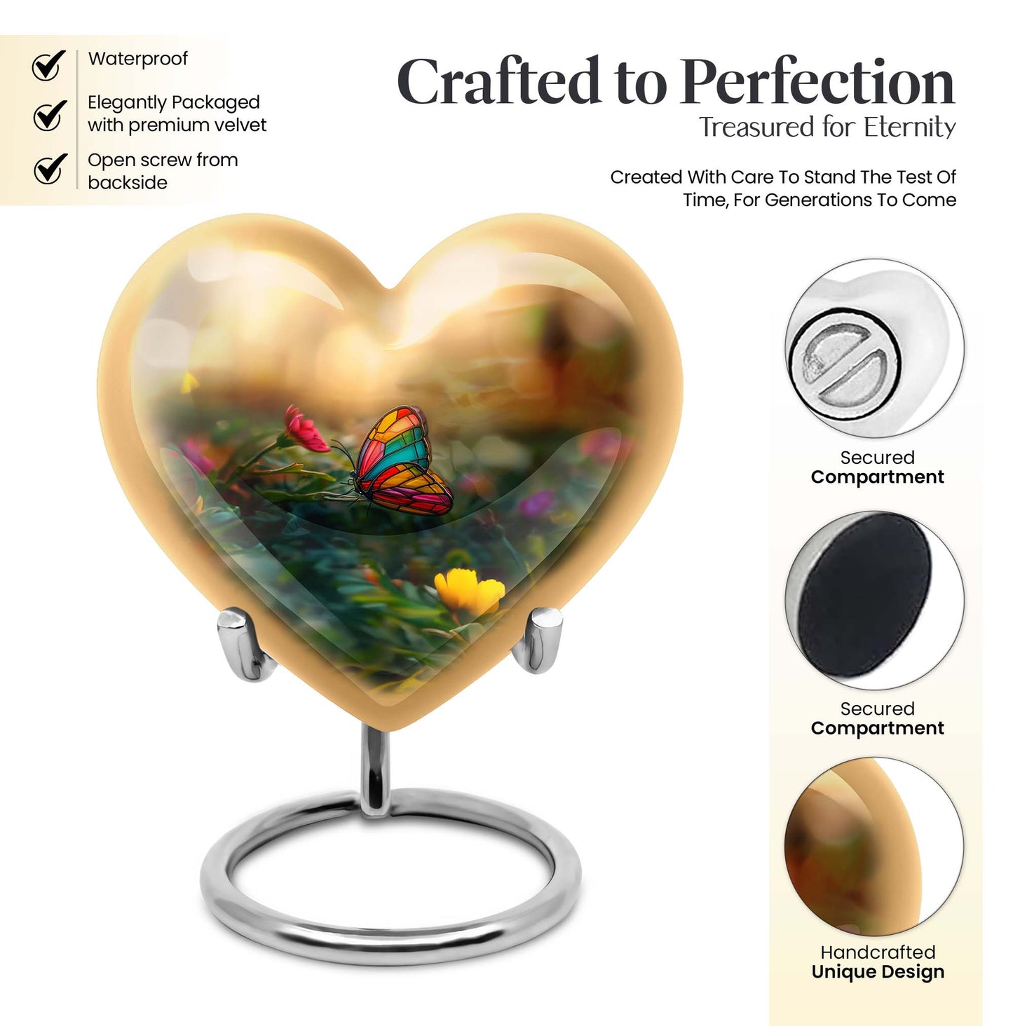 10-inch butterfly-themed heart urn for burial, best for adult human ashes