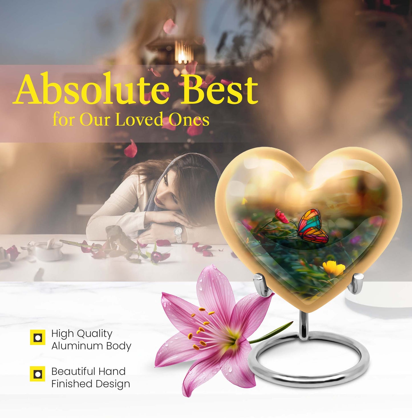 10-inch butterfly-themed heart urn for burial, best for adult human ashes