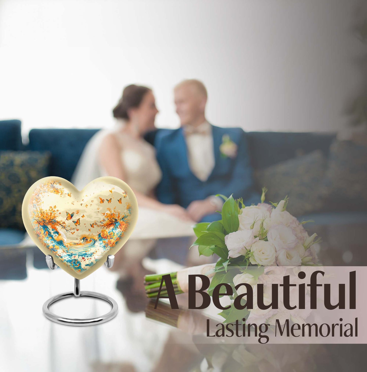 10-inch butterfly themed heart urn for ash burial,