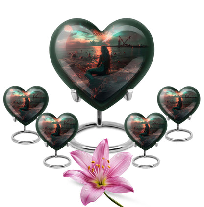 10-inch Mermaid Heart Urn for memorial burial, personalized, butterfly-themed aluminium urn