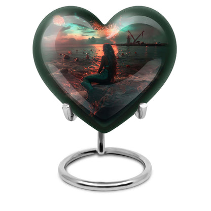 10-inch Mermaid Heart Urn for memorial burial, personalized, butterfly-themed aluminium urn