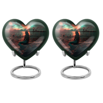 10-inch Mermaid Heart Urn for memorial burial, personalized, butterfly-themed aluminium urn