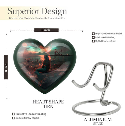 10-inch Mermaid Heart Urn for memorial burial, personalized, butterfly-themed aluminium urn