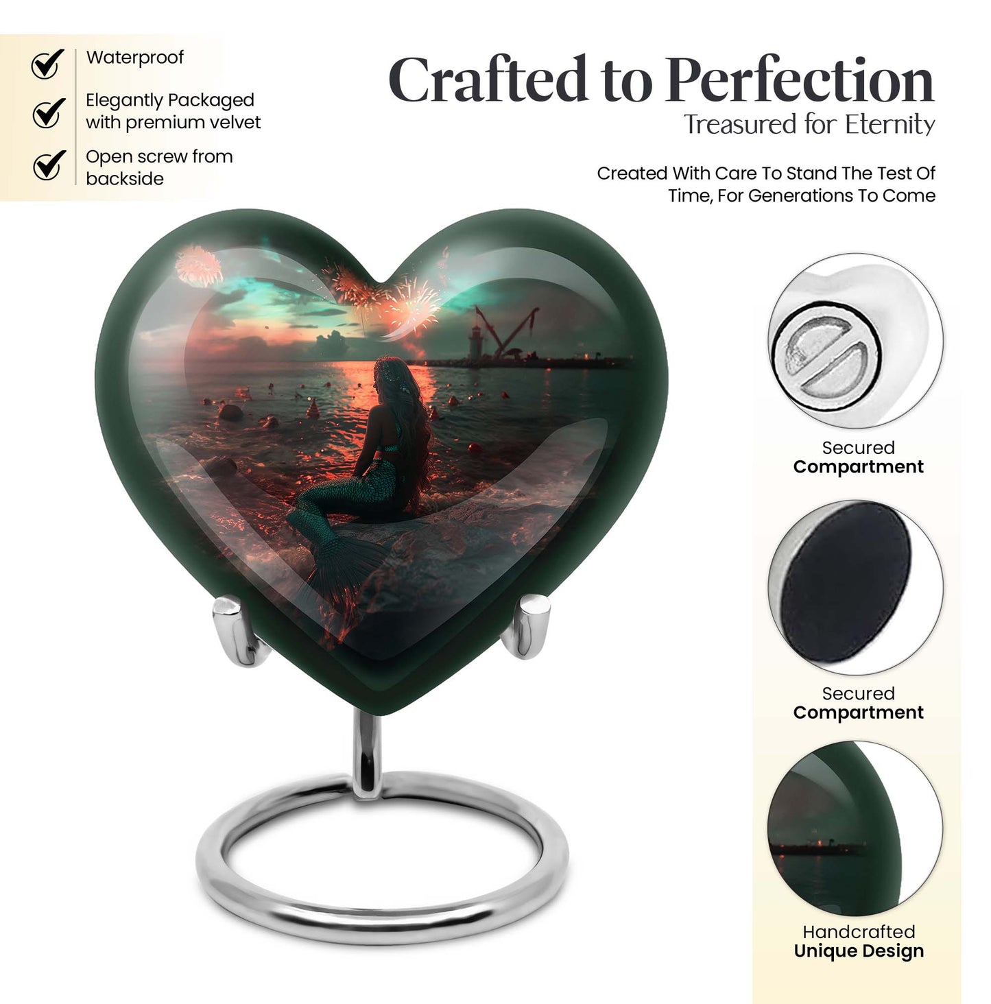 10-inch Mermaid Heart Urn for memorial burial, personalized, butterfly-themed aluminium urn