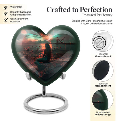 10-inch Mermaid Heart Urn for memorial burial, personalized, butterfly-themed aluminium urn