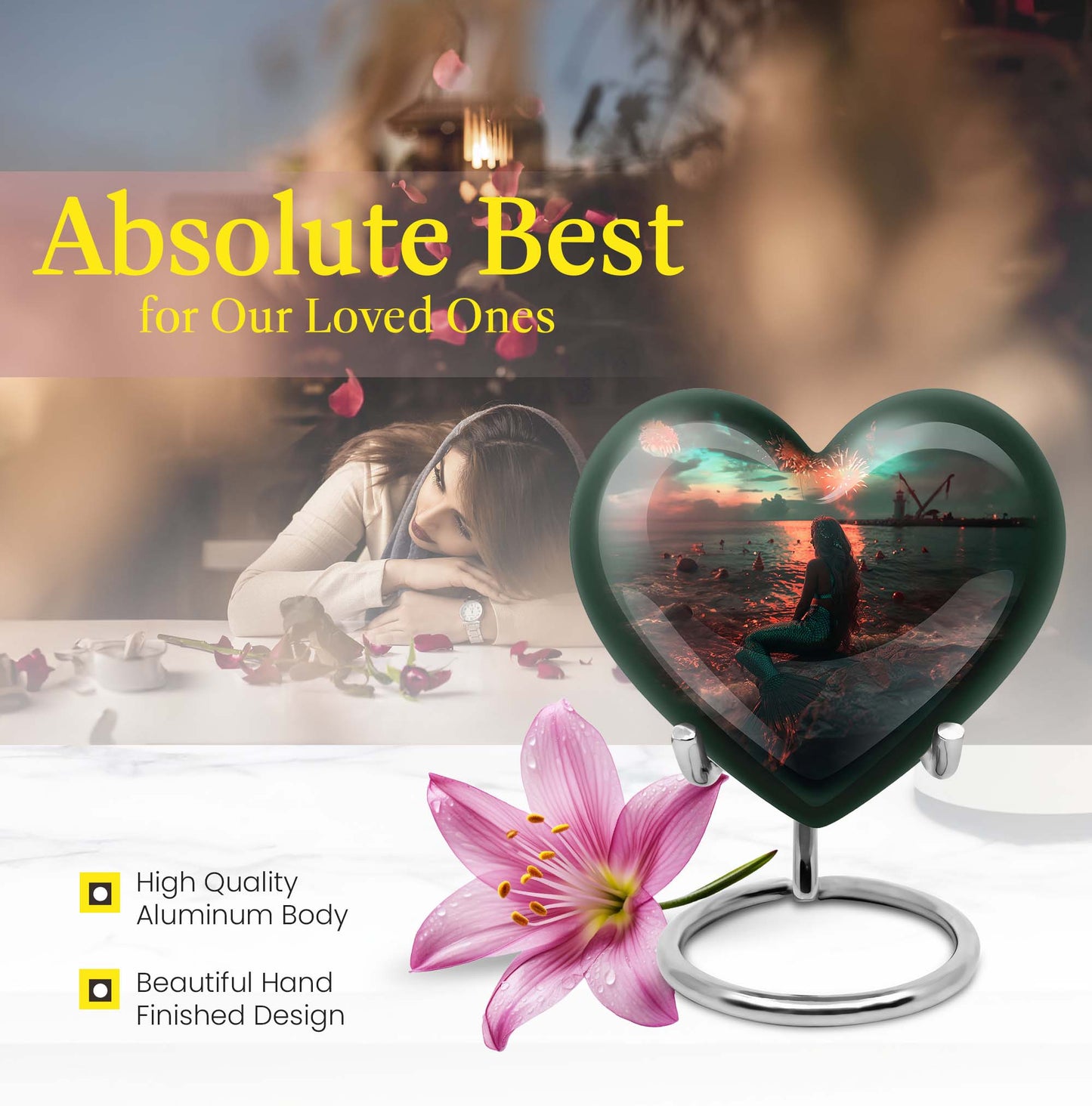 10-inch Mermaid Heart Urn for memorial burial, personalized, butterfly-themed aluminium urn