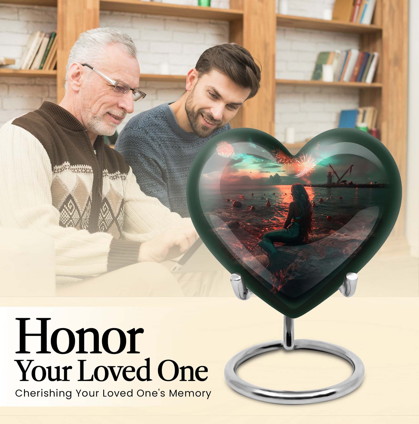10-inch Mermaid Heart Urn for memorial burial, personalized, butterfly-themed aluminium urn