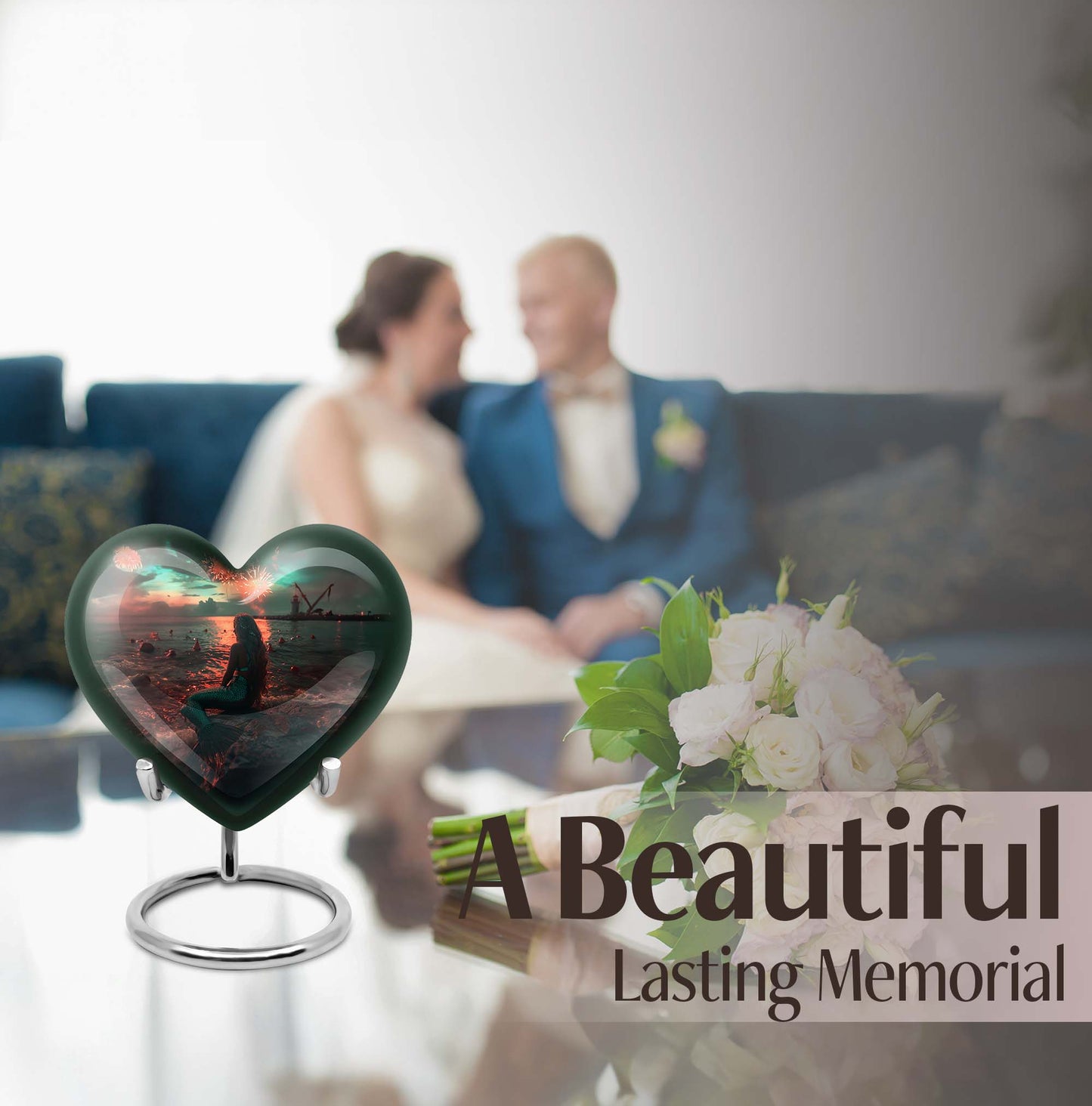 10-inch Mermaid Heart Urn for memorial burial, personalized, butterfly-themed aluminium urn