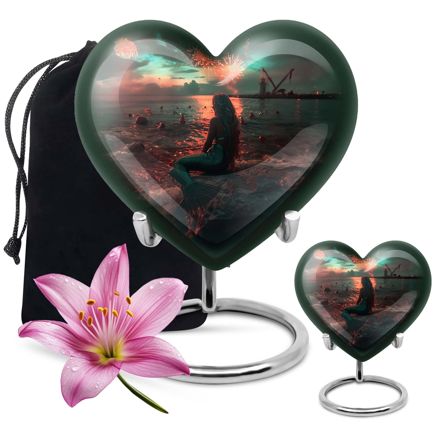 10-inch Mermaid Heart Urn for memorial burial, personalized, butterfly-themed aluminium urn