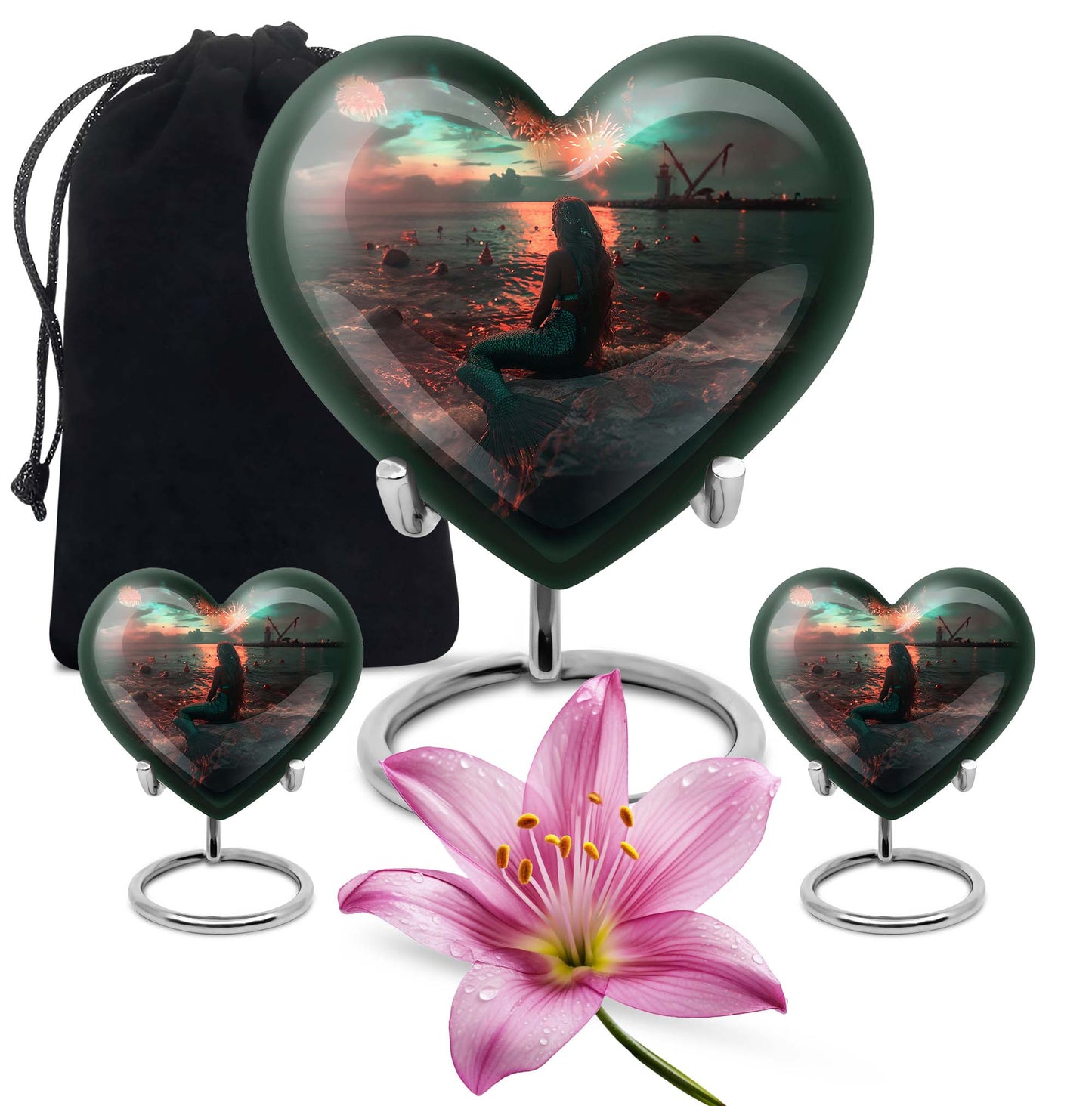 10-inch Mermaid Heart Urn for memorial burial, personalized, butterfly-themed aluminium urn