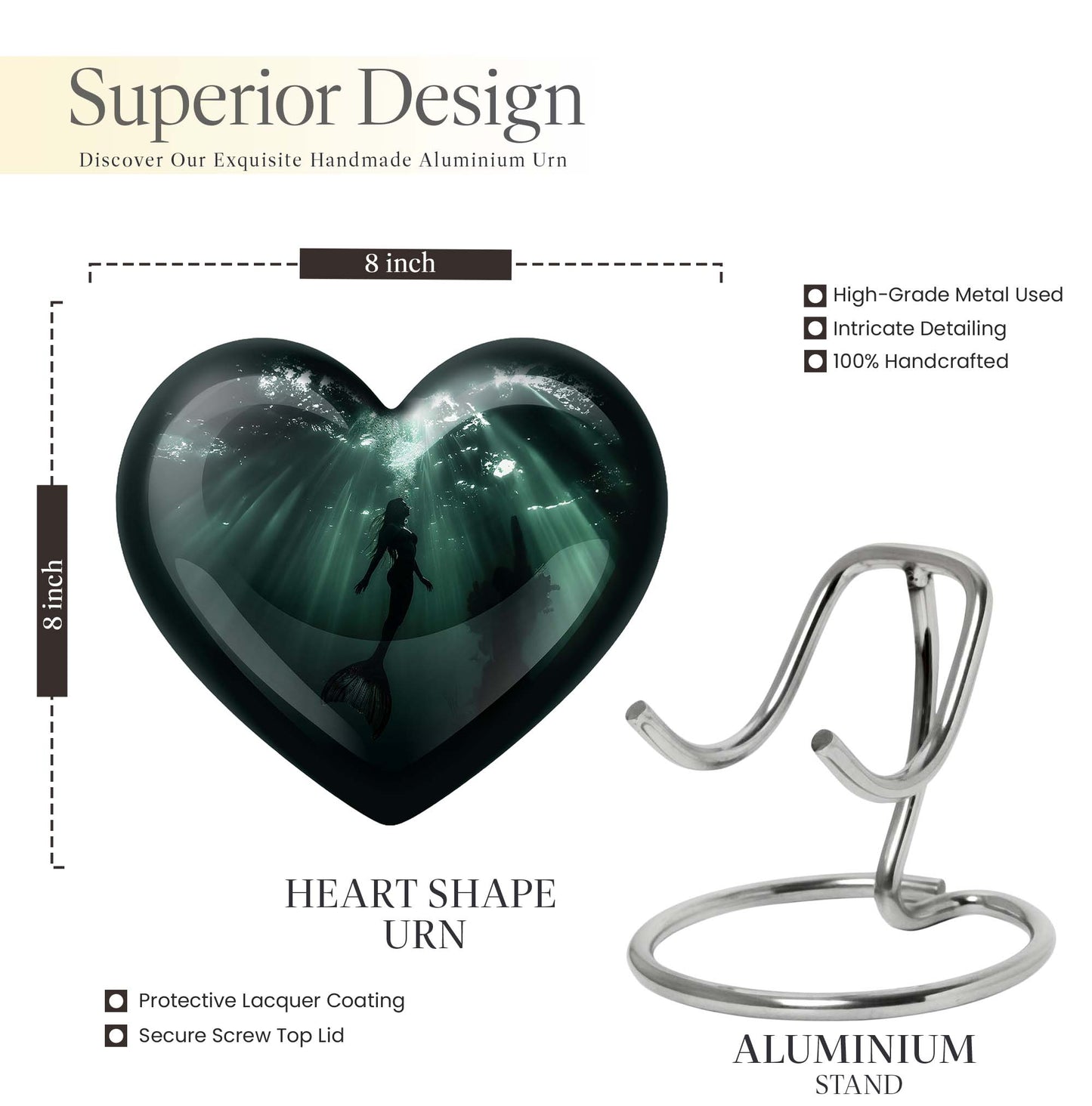 10-inch butterfly themed Mermaid Urn, heart-shaped burial urn made of Aluminum