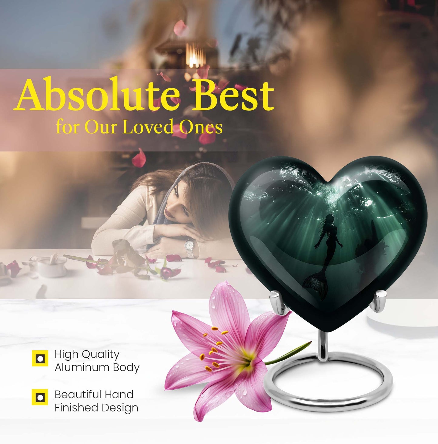10-inch butterfly themed Mermaid Urn, heart-shaped burial urn made of Aluminum