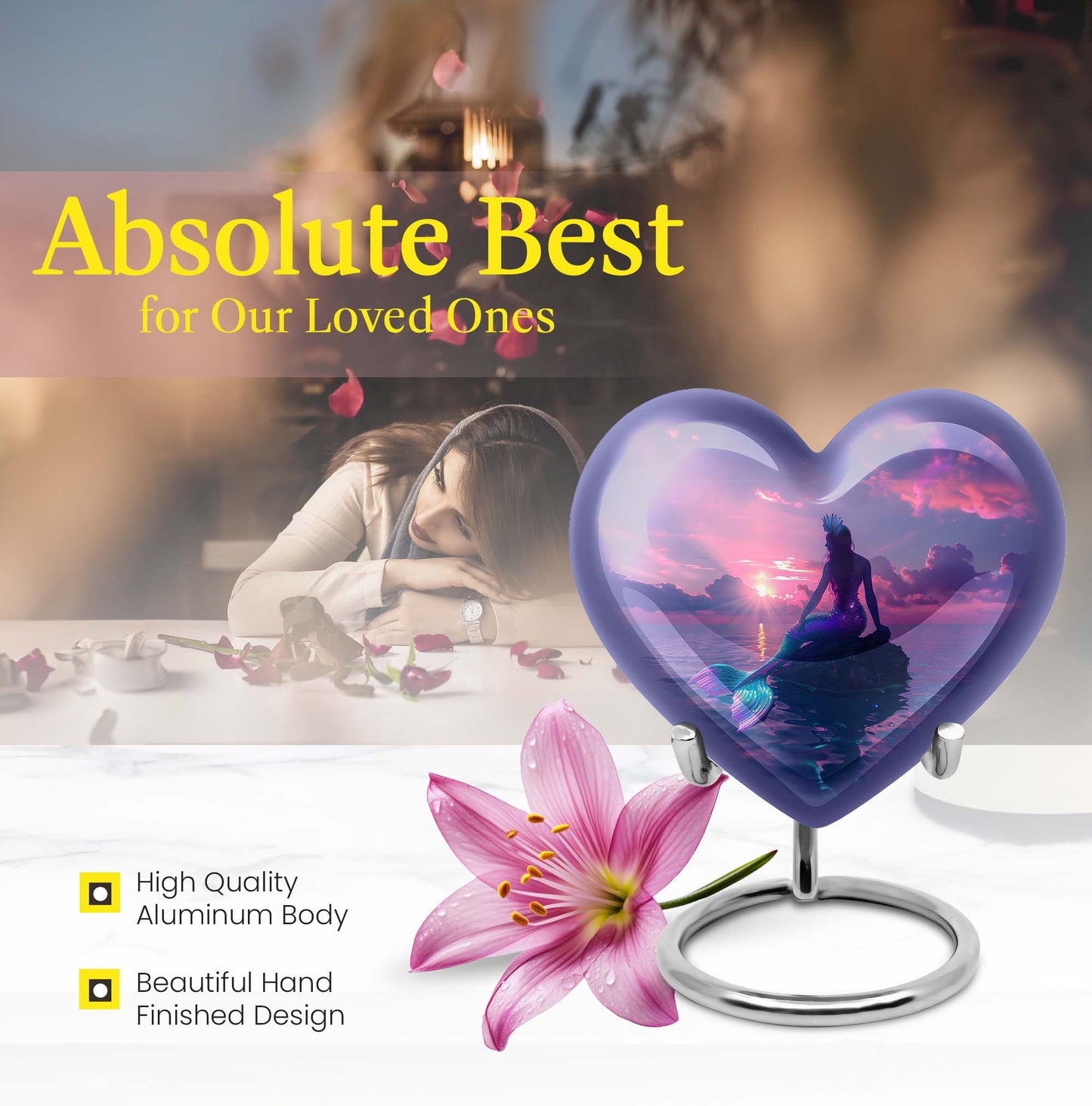 10-inch Heart-shaped Mermaid Urn with Butterfly theme