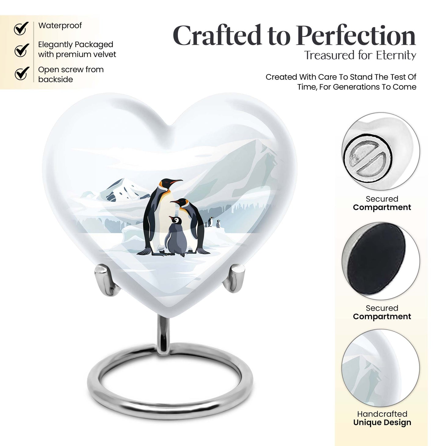 Penguin urn with butterfly theme for human adult ashes