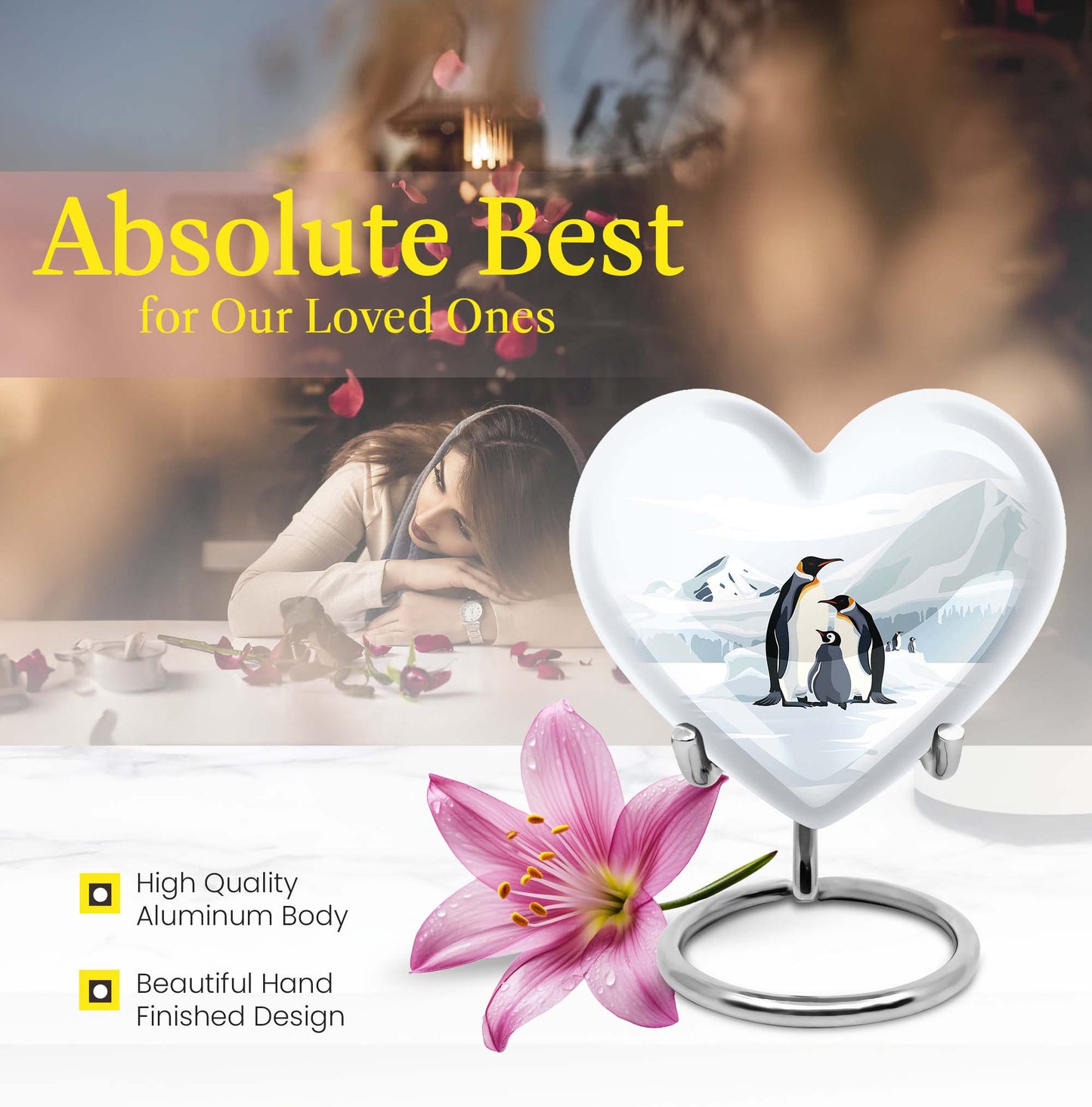 Penguin urn with butterfly theme for human adult ashes