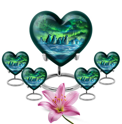 10-inch heart-themed Penguin Urn with butterfly design, personalized option available