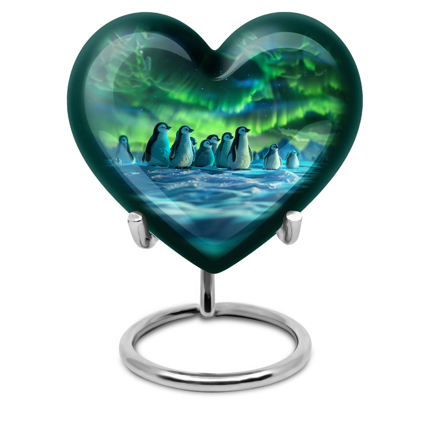 10-inch heart-themed Penguin Urn with butterfly design, personalized option available