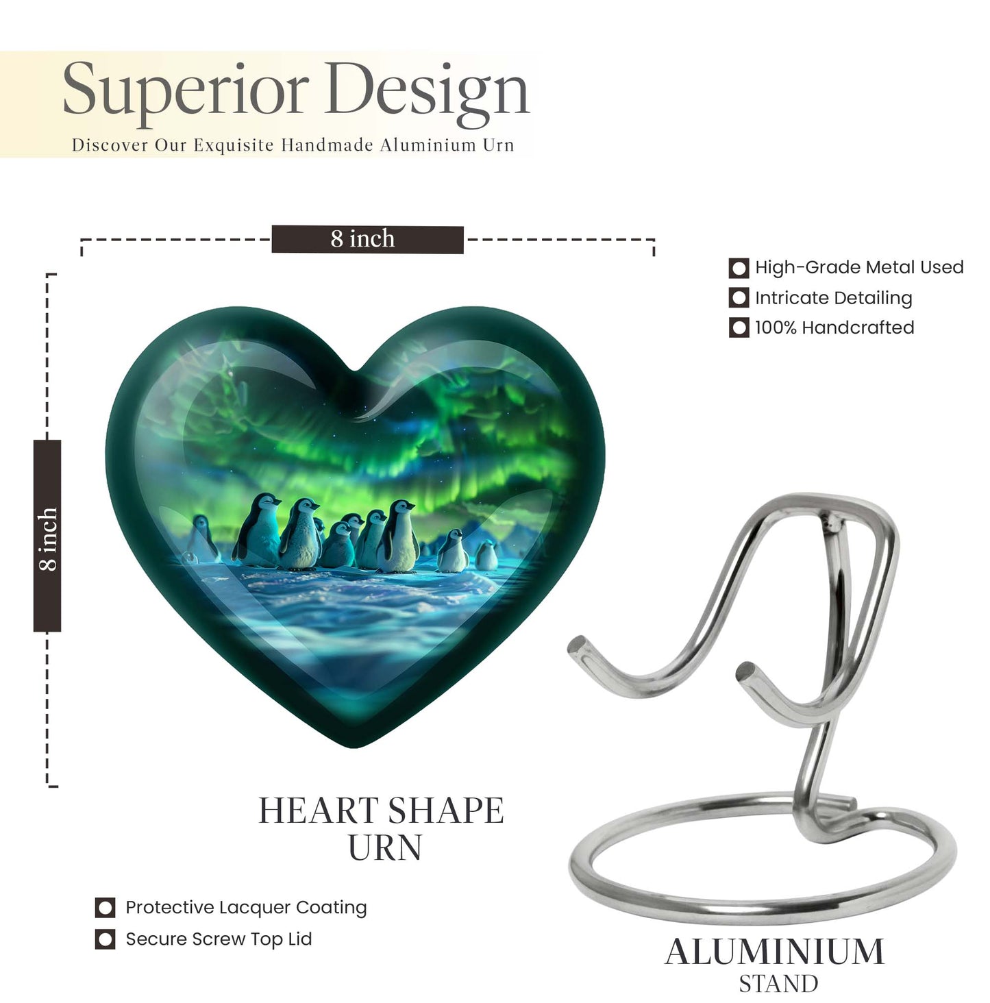 10-inch heart-themed Penguin Urn with butterfly design, personalized option available