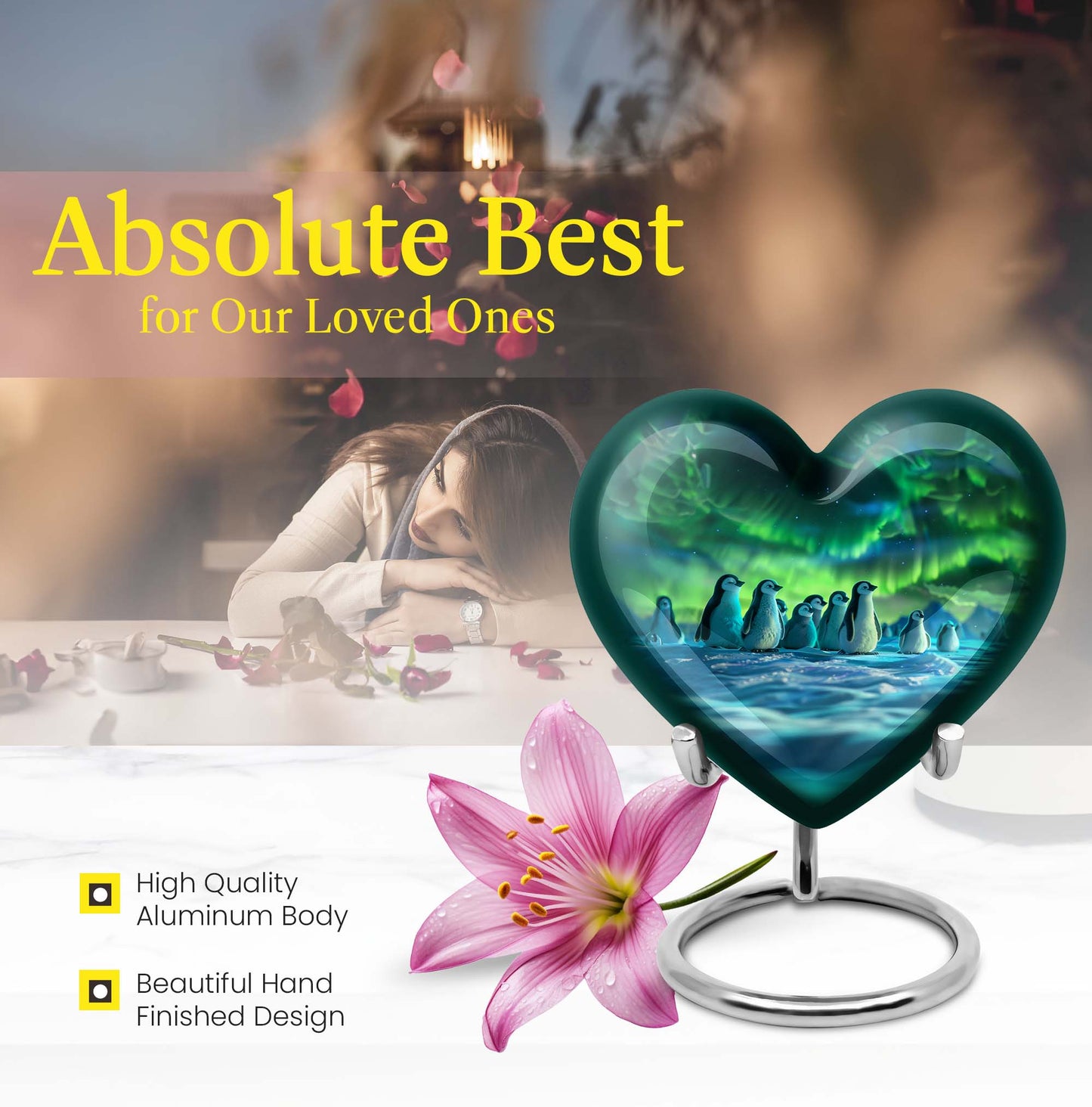 10-inch heart-themed Penguin Urn with butterfly design, personalized option available