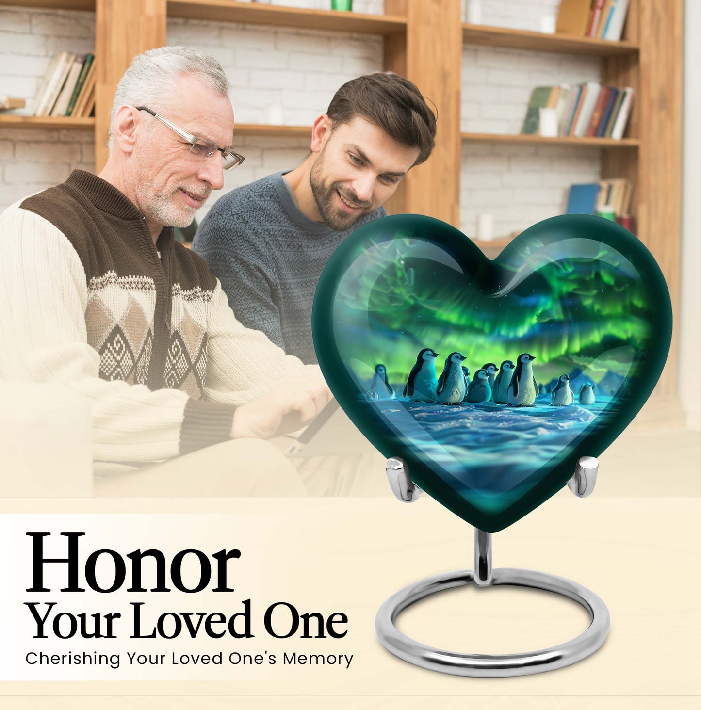 10-inch heart-themed Penguin Urn with butterfly design, personalized option available