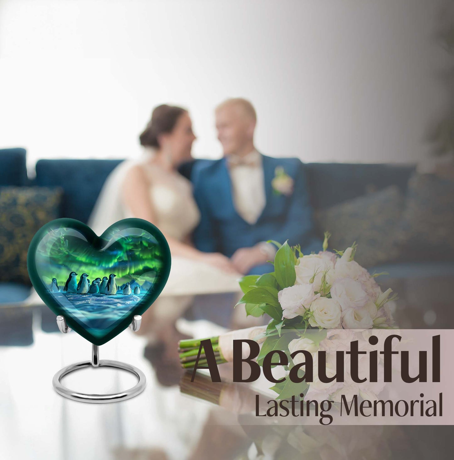 10-inch heart-themed Penguin Urn with butterfly design, personalized option available