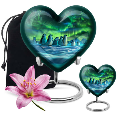 10-inch heart-themed Penguin Urn with butterfly design, personalized option available