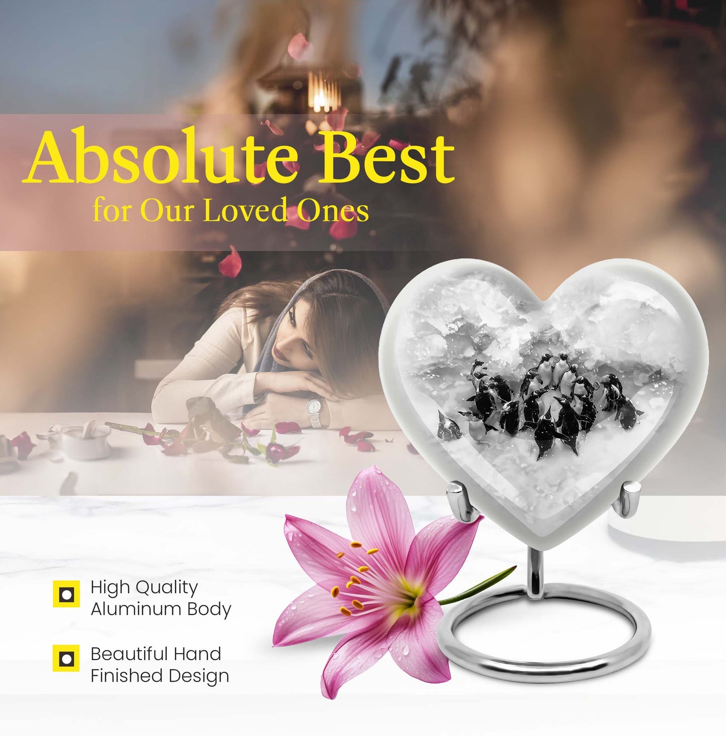 10-inch butterfly-themed heart penguin urn 