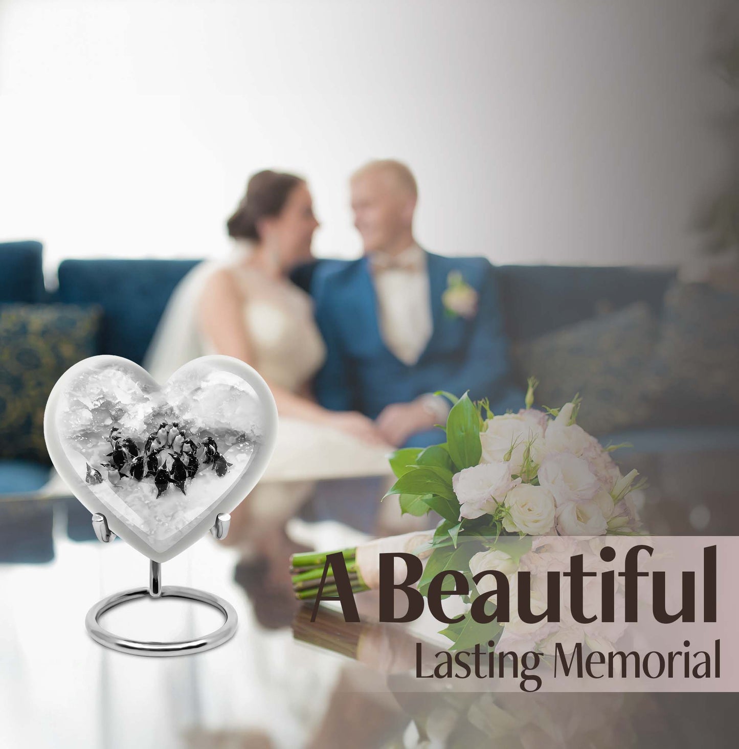 10-inch butterfly-themed heart penguin urn 