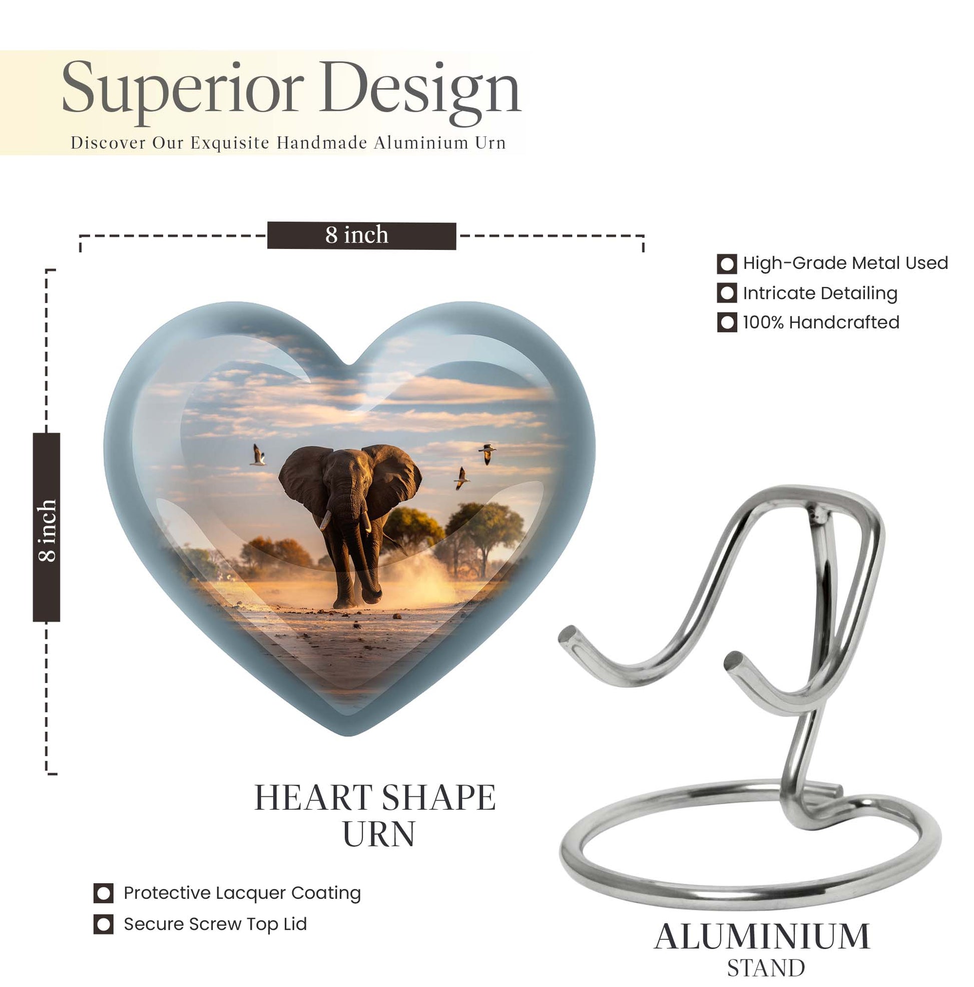 10-inch Elegant Elephant Urn for adult ashes, Butterfly-themed Heart cremation urn with personal engraving